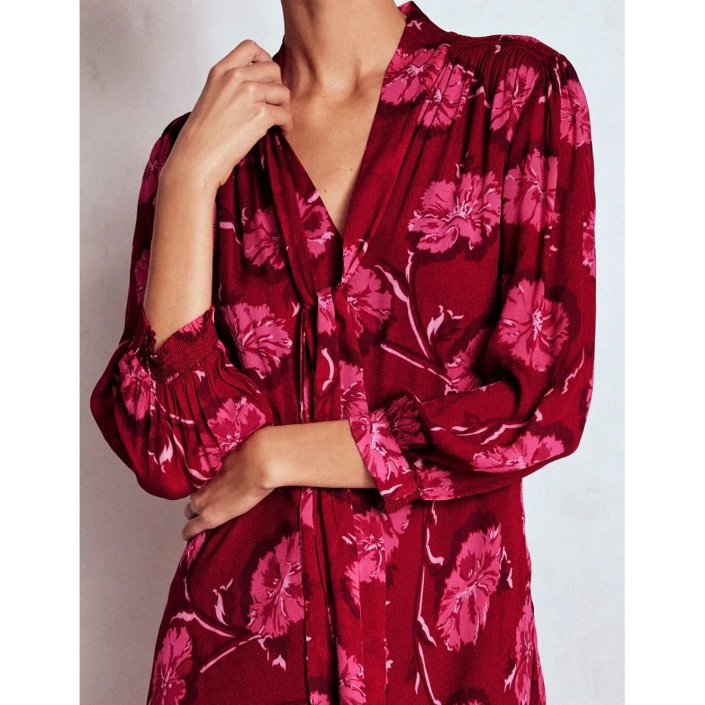 BODEN Brooke Tie Neck Tea Dress Cranberry Red, Delicate Vine Size 12R New W/ Tag - Picture 5 of 7
